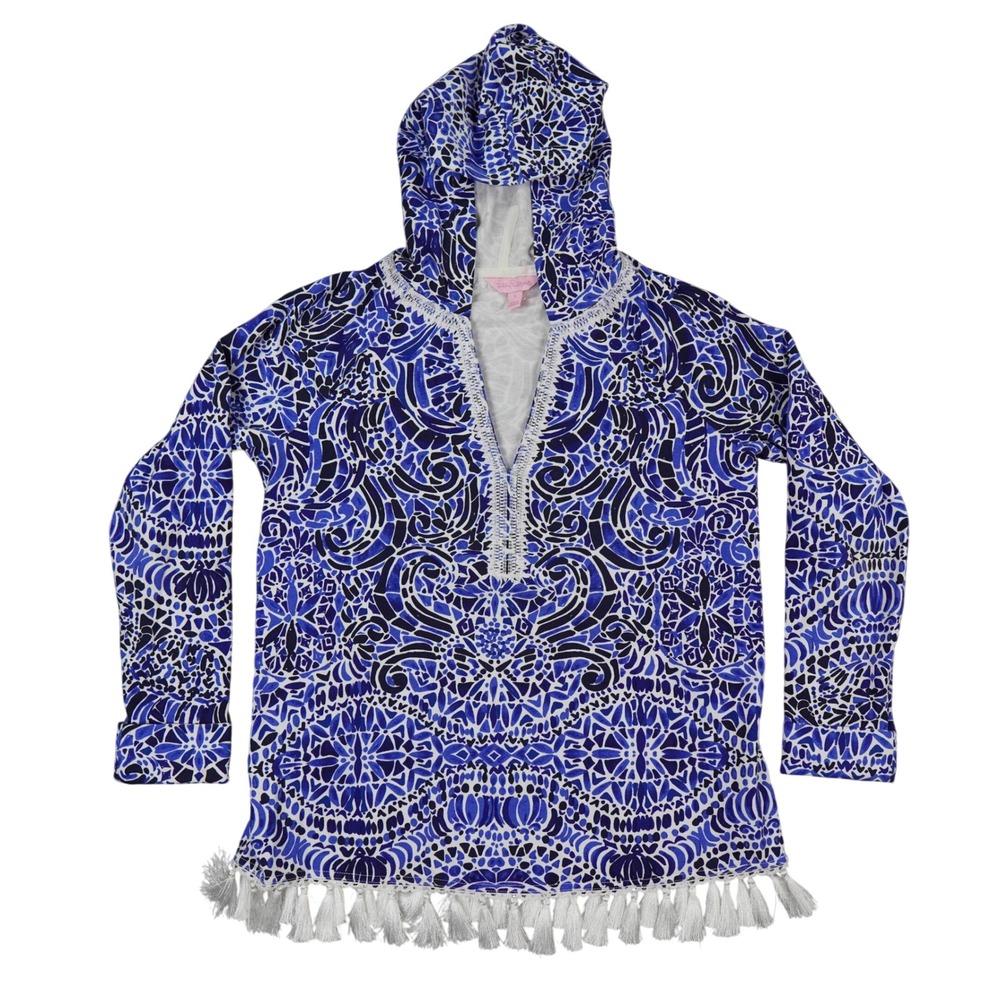 Lilly Pulitzer‎ Harmon Hoodie Women Small Blue Taverna Tile Tassel Fringe UP50
